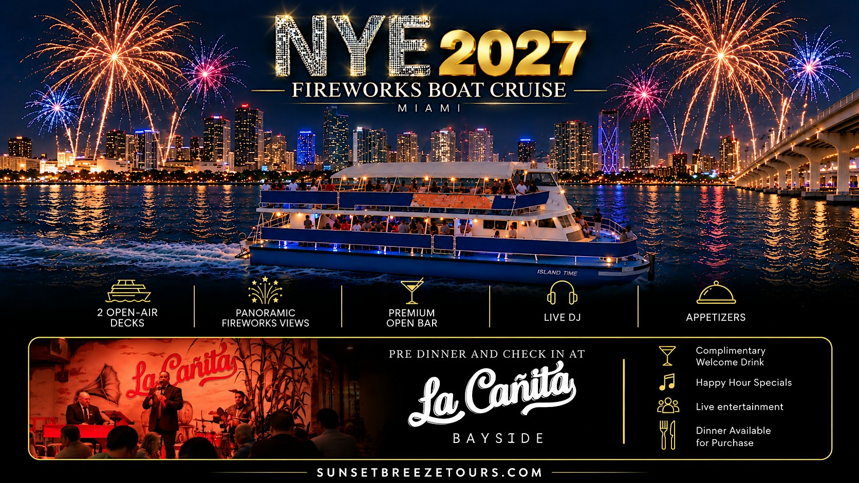 Miami NYE 2027 Fireworks Boat Party | Open Bar & Live DJ
