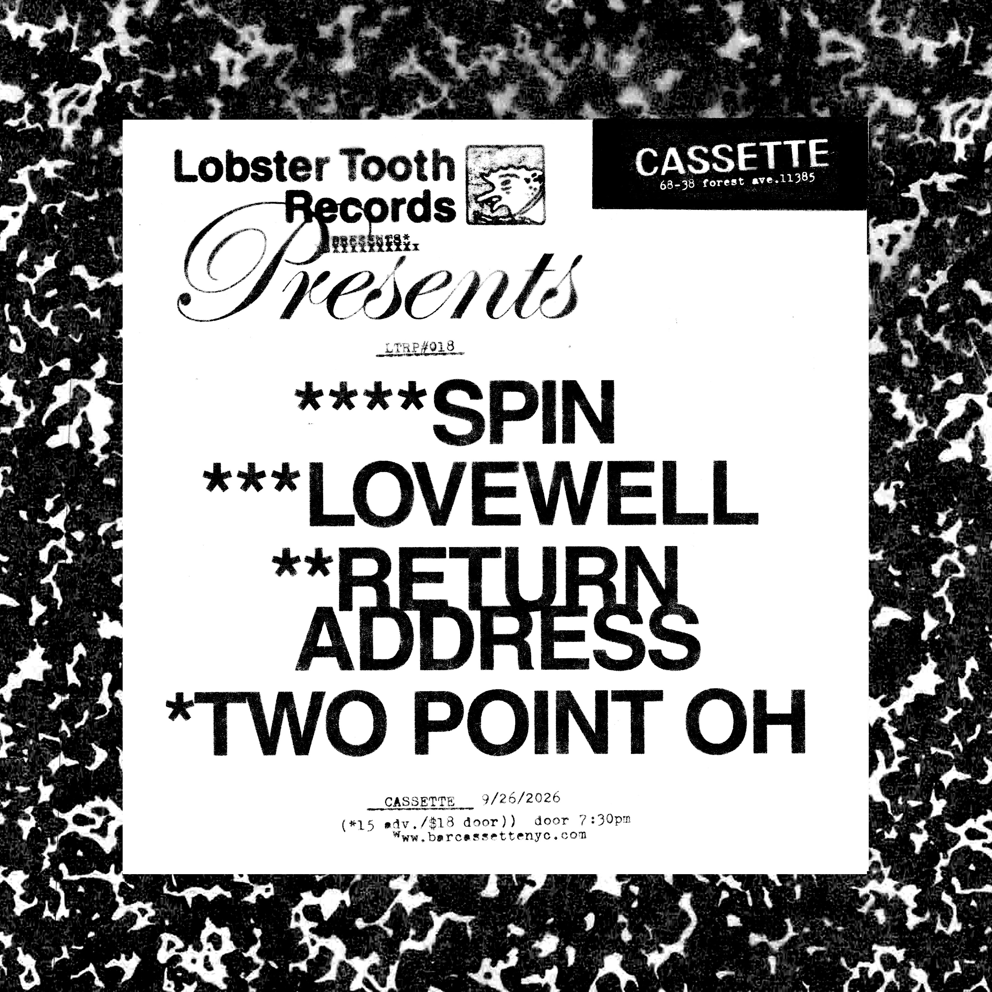 LOBSTER TOOTH RECORDS PRESENTS: SPIN, RETURN ADDY, LOVEWELL, TWO POINT OH