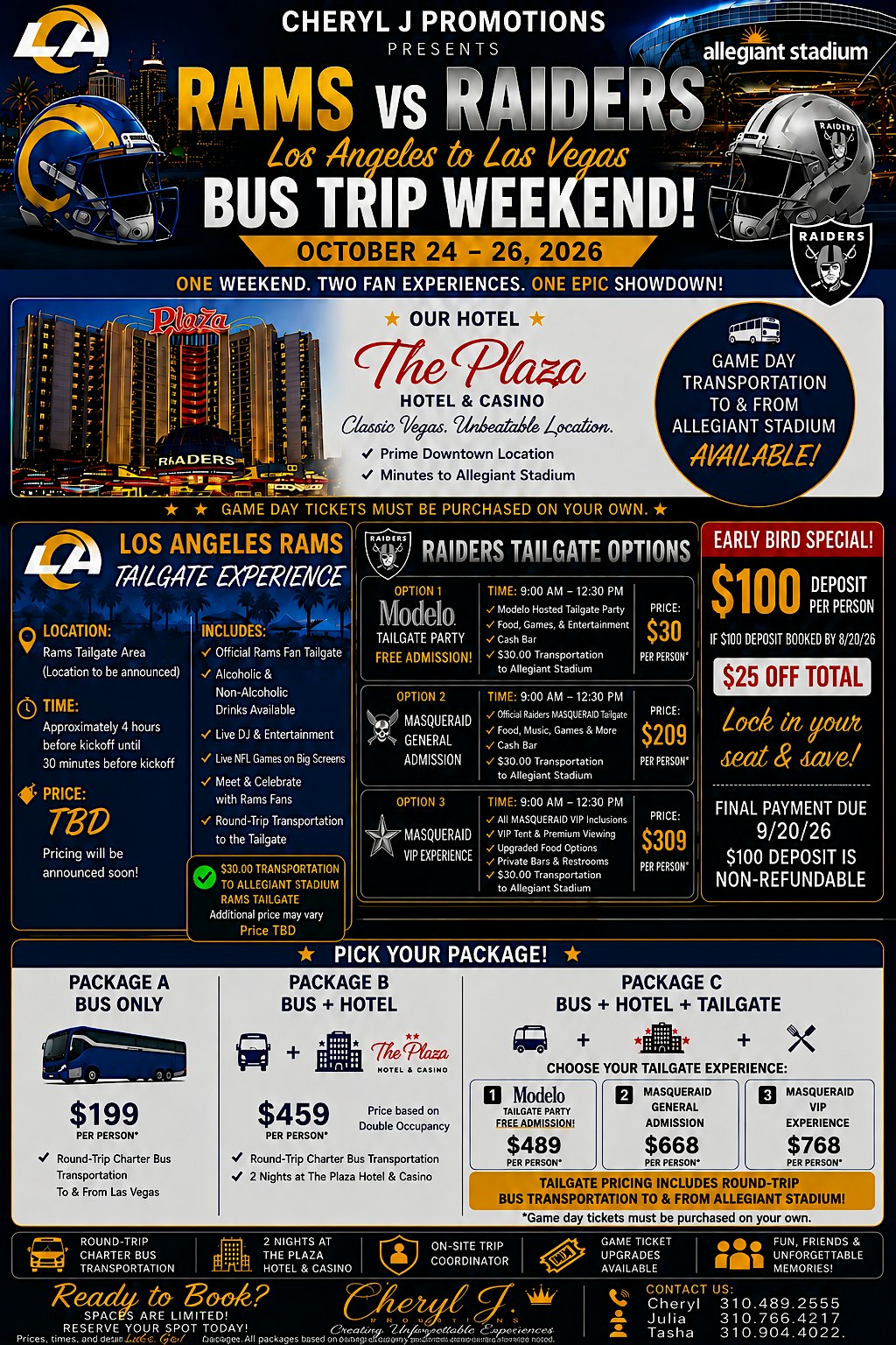 Los Angeles to  Las Vegas Bus Trip Weekend ~ Rams vs Raiders