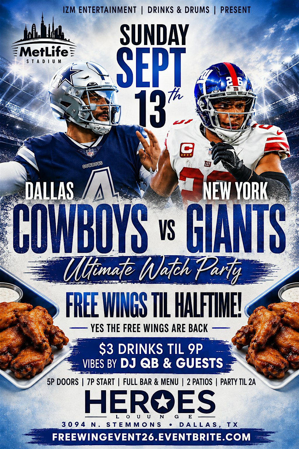 FREE WINGS | COWBOYS VS GIANTS | Watch Party & After Party