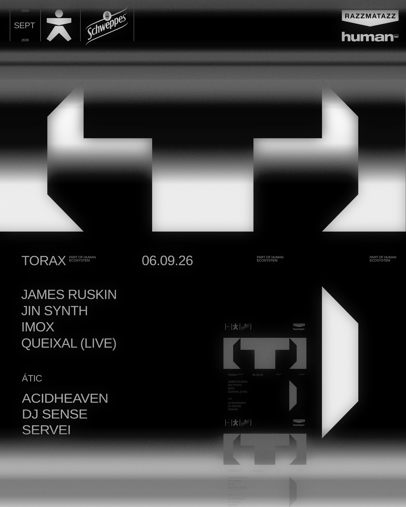 Torax: James Ruskin, Jin Synth, Imox, Queixal, DJ Sense, acidheaven, servei