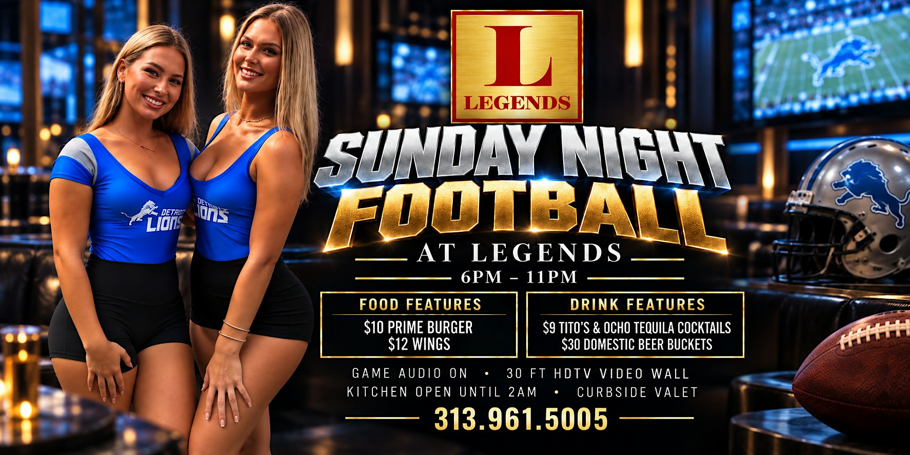 Sunday Night Football at Legends Detroit | 30 FT Video Wall