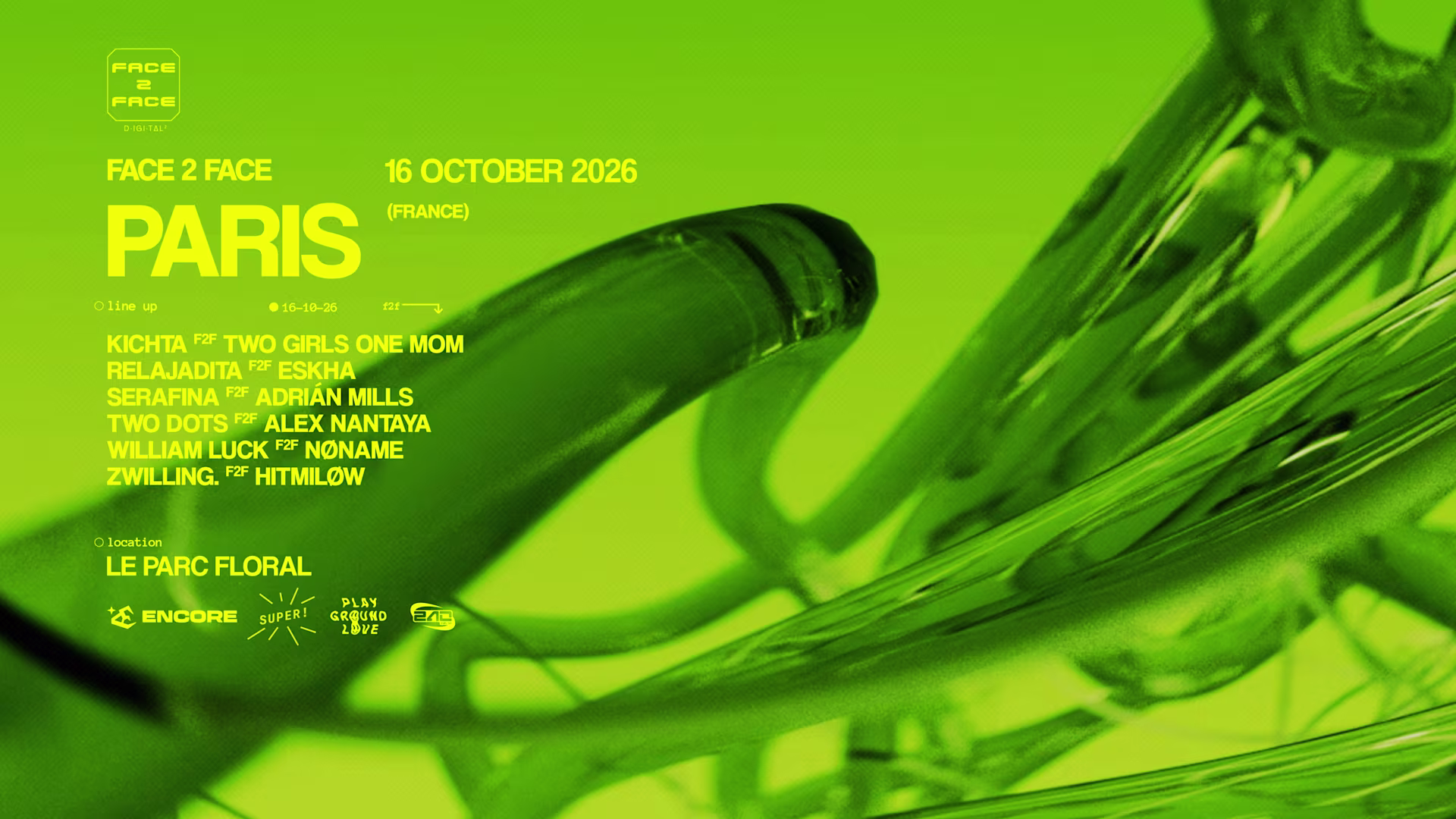 💚 Face 2 Face revient dans la capitale le 16 octobre pour une nouvelle édition de F2F Inédits au Parc Floral de Paris. Retrouve Kichta, 2 Girls One Mom, Eskha, Two Dots & more pour une nuit de fête hors norme. Prends ta place dès maintenant 🎟️