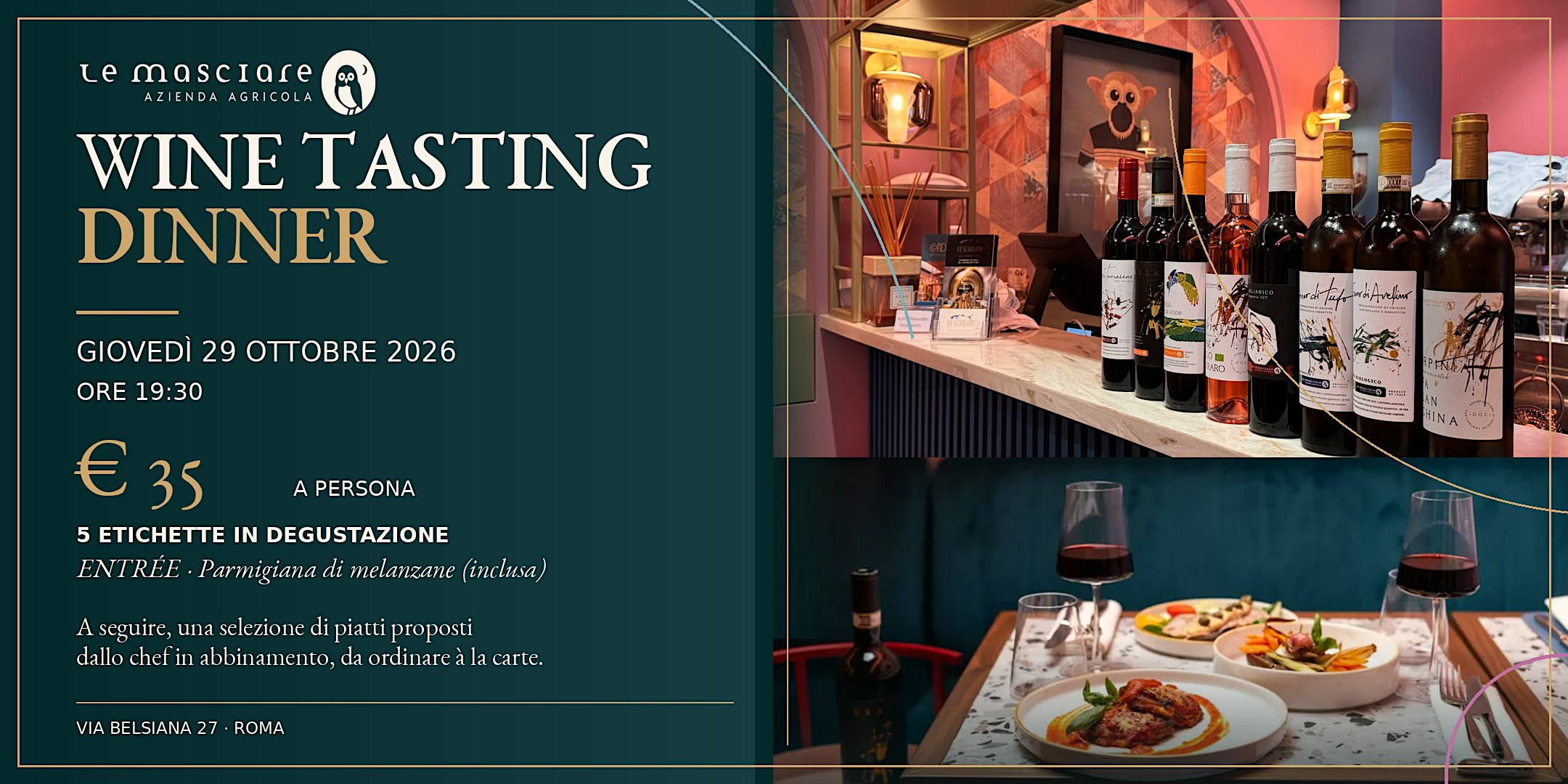 Cena e degustazione di vini biologici. Stile mediterraneo a Roma