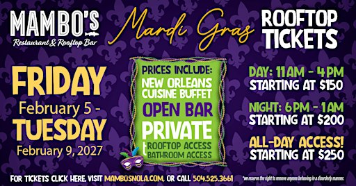 Mardi Gras 2027 Balcony & Rooftop Tickets @ Mambo's