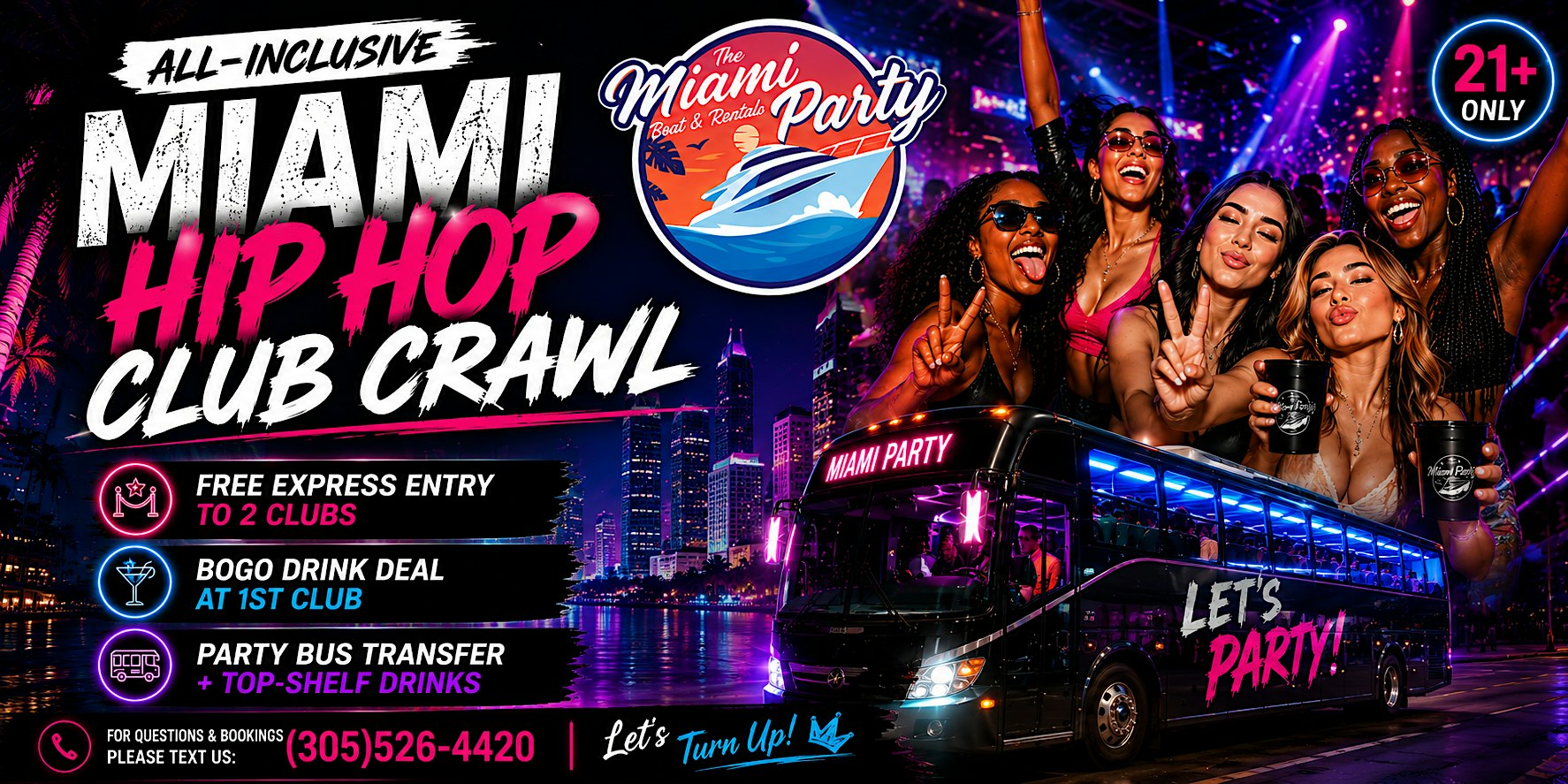 #1 Miami VIP Nightclub Crawl + Party Bus Experience | Free Drinks Included