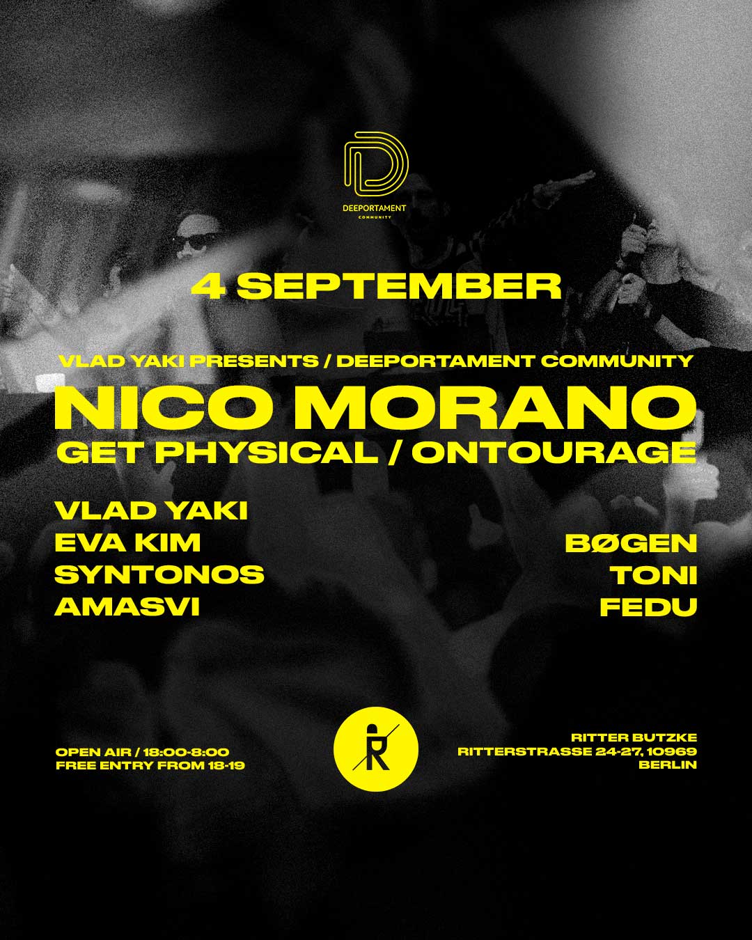 Deeportament Community with Nico Morano (Open Air & Indoor) - Free entry until 7 PM